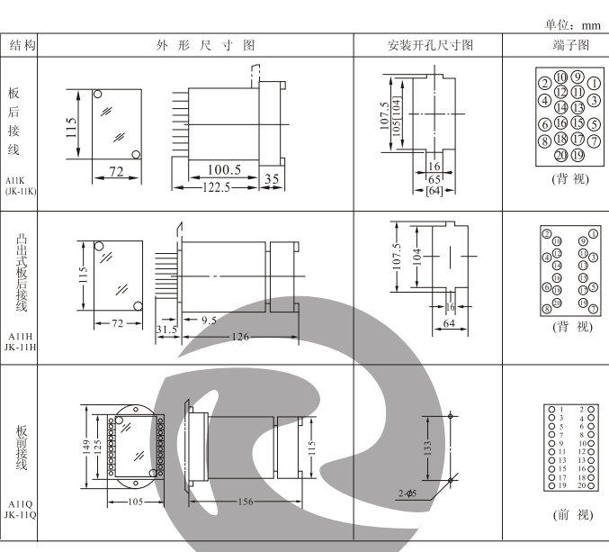 JZJ-213,JZY-213中間繼電器外形及安裝開孔尺寸圖