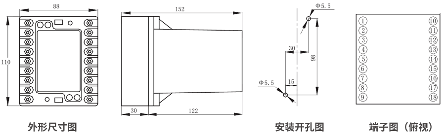 JZS-7/323凸出式板前接線外形尺寸和安裝尺寸圖